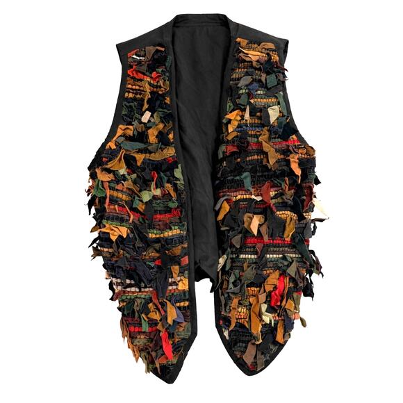 Exceptional Vintage Leather Patchwork Fringe Vest Boho Festival Hippie - Small
